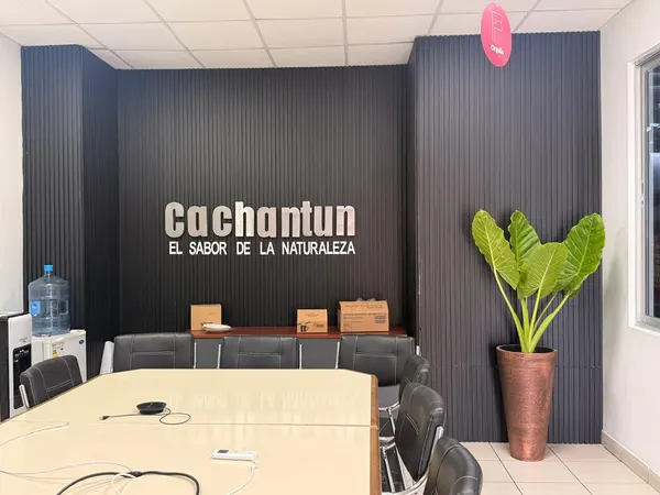 Letrero corporativo Cachantún en letras relieve instalado en sala de reuniones